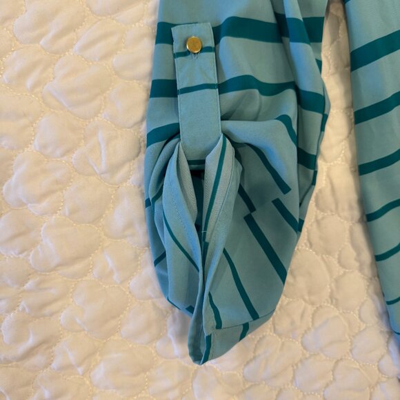 Kim Rogers Teal Striped Tunic Top, Size Large, Roll Sleeve Pullover Shirt - Picture 2 of 8